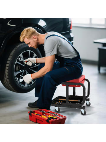COSTWAY Werkstatthocker mit Rollen in Rot