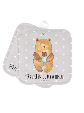 Mr. & Mrs. Panda 2er Set Topflappen  Bär Baby mit Spruch in Grau Pastell
