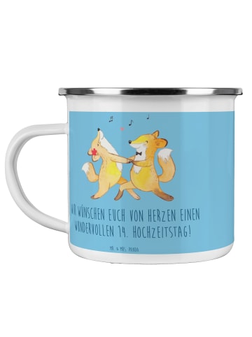 Mr. & Mrs. Panda Camping Emaille Tasse 14. Hochzeitstag Elfenbei... in Sky Blue