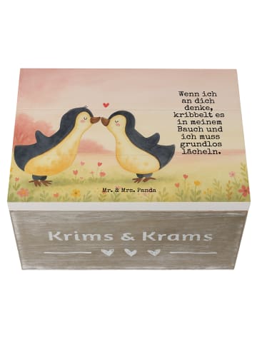 Mr. & Mrs. Panda Holztruhe Pinguine Kuss Design mit Spruch in Weiß