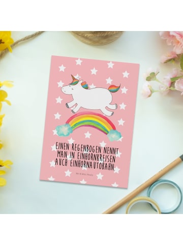 Mr. & Mrs. Panda Ansichtskarte Einhorn Regenbogen mit Spruch in Rot Pastell