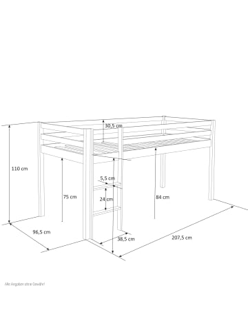 Homestyle4u Hochbett 90x200 mit Vorhang in Weiß
