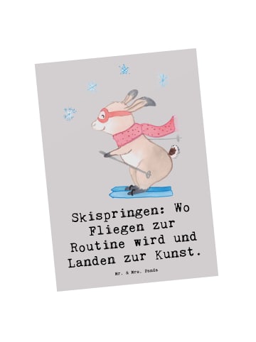 Mr. & Mrs. Panda Postkarte Skispringen Kunstflug mit Spruch in Grau Pastell
