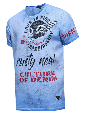 Rusty Neal Vintage Biker T-Shirt Oil Wash mit Raw Edge & Front- und Backprint in Indigo