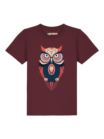 wat? Apparel T-Shirt Colorful Owl in Weinrot