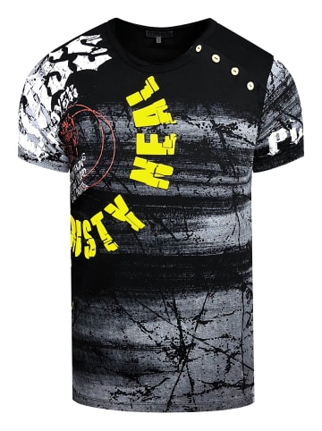 Rusty Neal T-Shirt Verwaschen mit All-Over Print und Seitlicher Knopfleiste in Schwarz