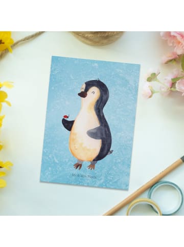Mr. & Mrs. Panda Ansichtskarte Pinguin Marienkäfer ohne Spruch in Eisblau