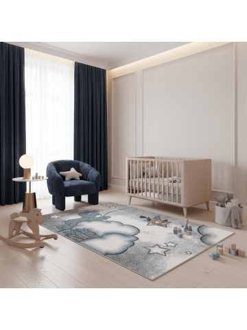 KADIMA DESIGN Kinderteppich Waschbar Bär TASNA Strapazierfähig OEKO-TEX Kinderzimmer in Blau