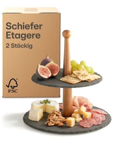 Praknu Schiefer Etagere 2 Stöckig mit ??????® Akazienholz