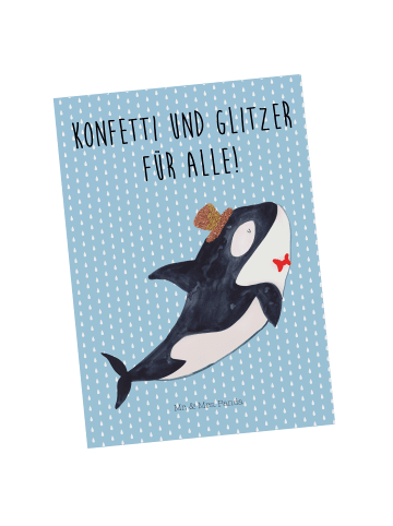 Mr. & Mrs. Panda Postkarte Orca Zylinder mit Spruch in Blau Pastell