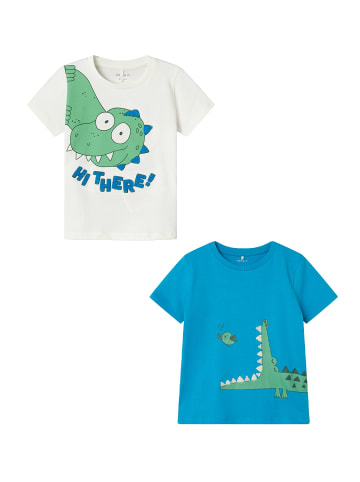 name it T-Shirt 2er-Set stylisches Kurzarm Rundhals Kinder Oberteil in Weiß-Blau