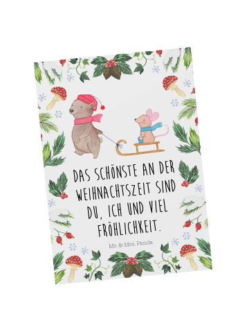 Mr. & Mrs. Panda Postkarte Bär und Maus Schlitten mit Spruch in Weiß