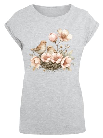 F4NT4STIC Extended Shoulder T-Shirt Vogelnest Blumen in grau meliert