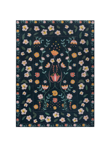 KADIMA DESIGN Teppich waschbar Flachgewebe, Florale, Rutschfest in Multicolor-Blau