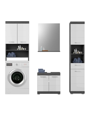 Inn.Furn Badmöbel-Set weiß Hochglanz, grau 4-teilig 190 cm, Komplettset mit 14 Fächern