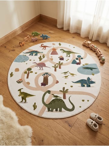 KADIMA DESIGN Kinderteppich Dinosaurier Waschbar Rutschfest Spielteppich in Creme