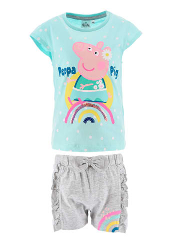 Peppa Pig 2tlg. Outfit: Sommer-Set  T-Shirt und Shorts mit Paillette in Türkis