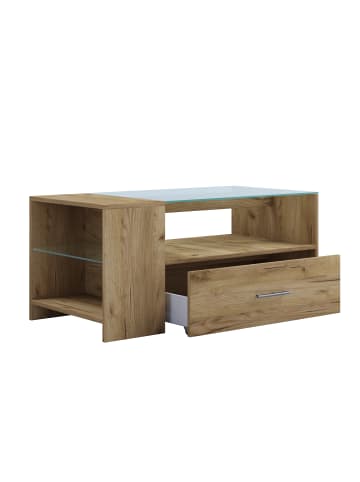 VCM  Holz Sofatisch Couchtisch Schublade Glas Tindala in Honig-Eiche