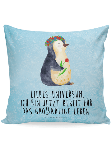 Mr. & Mrs. Panda 40x40 Kissen Pinguin Blumen mit Spruch in Eisblau