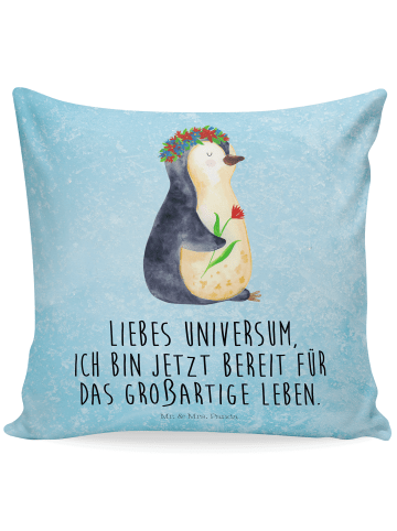 Mr. & Mrs. Panda Kissen Pinguin Blumen mit Spruch in Eisblau
