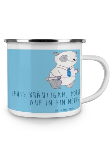 Mr. & Mrs. Panda Camping Emaille Tasse Bräutigam Heute mit Spruch in Sky Blue