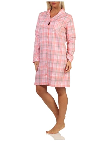 NORMANN Nachthemd langarm Karopotik zum durchknöpfen Single Jersey - 69738 in rosa