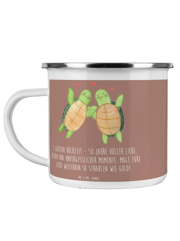 Mr. & Mrs. Panda Camping Emaille Tasse 50. Hochzeitstag mit Spruch in Braun Pastell