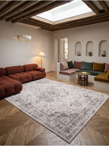 KADIMA DESIGN Kurzflor-Teppich waschbar VERNANTE Medaillon Wohnzimmer Flur in Beige-Grau