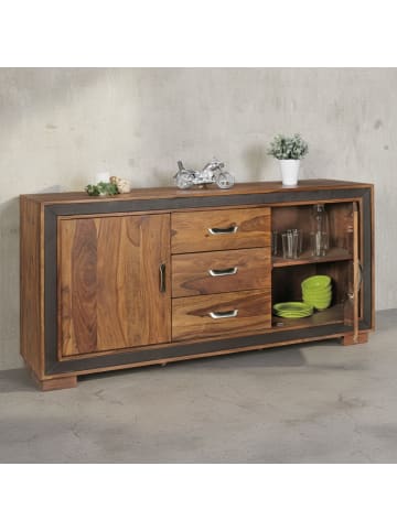 KADIMA DESIGN Rustikales Sideboard, Sheesham Massivholz, Kunstleder, 160x44x80 cm