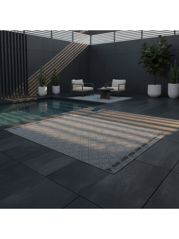 KADIMA DESIGN Teppich Outdoor Flachgewebe Rauten-Muster Polypropylen Balkon in Grau