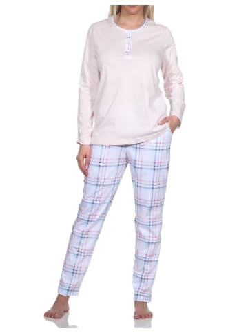 NORMANN Schlafanzug langarm Pyjama karierter Hose Jersey - 78573 in rosa