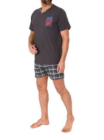 NORMANN Schlafanzug kurzarm Shorty mit karierter Jersey Hose in anthrazit