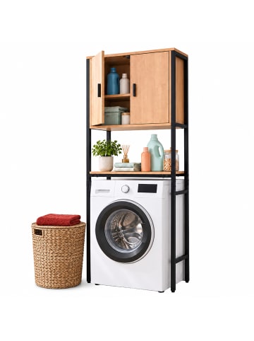 relaxdays Waschmaschinenschrank in Schwarz/ Natur - (B)64 x (H)170 x (T)27 cm