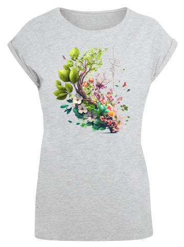 F4NT4STIC Extended Shoulder T-Shirt Baum mit Blumen in grau meliert