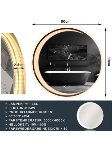 ZMH Badspiegel mit Beleuchtung in nickel Dimmbar IP44 rund mit Touch-Schalter Ø80cm