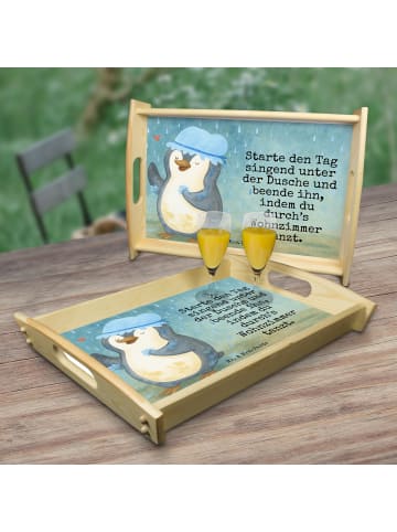 Mr. & Mrs. Panda Holz Tablett Pinguin Duschen Design mit Spruch in Weiß