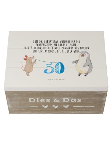 Mr. & Mrs. Panda Holzkiste 50. Geburtstag Maus Pinguin mit Spruch in Weiß