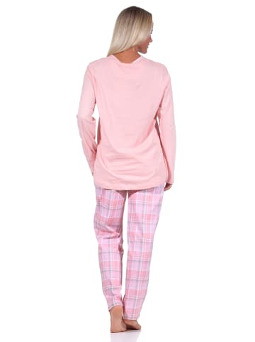 NORMANN Pyjama langarm Schlafanzug Karohose und Knopfleiste am Hals in rosa