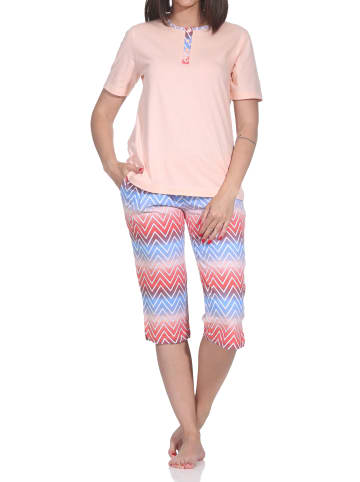 NORMANN Kurzarm Capri Schlafanzug Pyjama Übergröße Zick Zack Muster in apricot