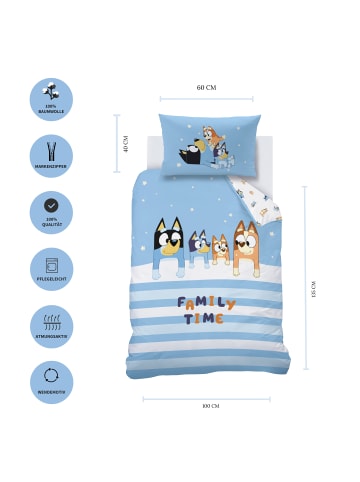 MTOnlinehandel Bluey Babybettwäsche "Family Time" in Hellblau/ Weiß