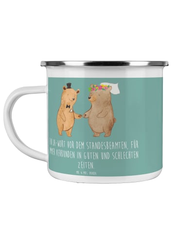Mr. & Mrs. Panda Camping Emaille Tasse StandeMenschtliche Trauung V... in Meeresbrise
