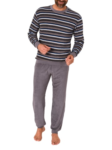 NORMANN Frottee Schlafanzug lang Pyjama RingelMuster - 82375 in grau