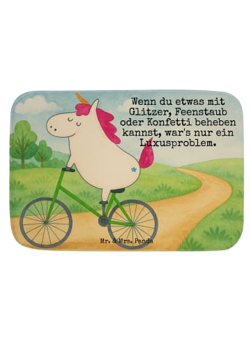 Mr. & Mrs. Panda Badteppich Einhorn Radfahrer Design mit Spruch in Weiß