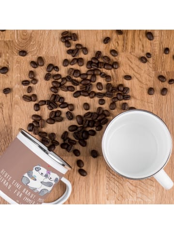 Mr. & Mrs. Panda Camping Emaille Tasse Braut Liebe mit Spruch in Braun Pastell