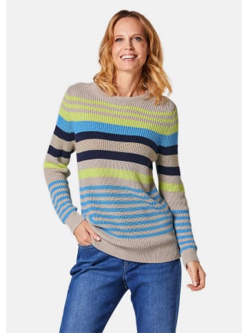 GOLDNER Kurzgröße:  Pullover Ringelpullover in kiesel / limettengelb / pazifikblau / geringelt