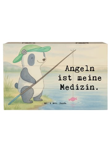Mr. & Mrs. Panda Holztruhe Panda Angeln Design mit Spruch in Weiß
