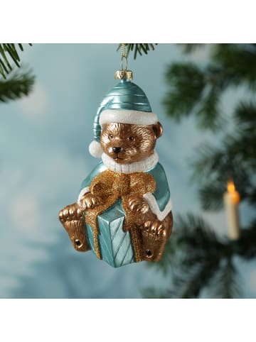 MARELIDA Weihnachtsbaumschmuck Teddybär mit Geschenk bruchfest H: 13cm in blau