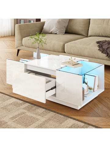 ABRIHOME 105 cm Couchtisch mit Stauraum, LED, Glasplatte und 2 Schubladen, Weiß