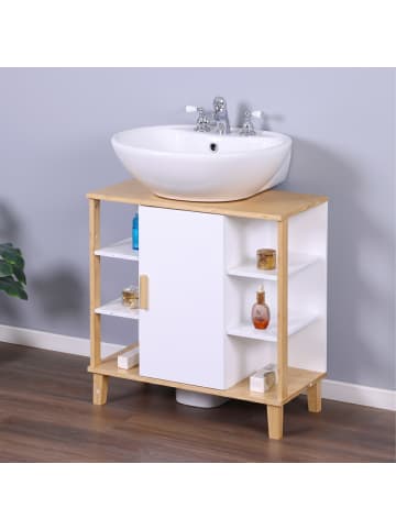 relaxdays Waschbeckenunterschrank in Weiß/ Natur - (B)64 x (H)65 x (T)31 cm