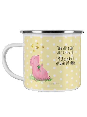 Mr. & Mrs. Panda Camping Emaille Tasse Schwein Glück mit Spruch in Gelb Pastell